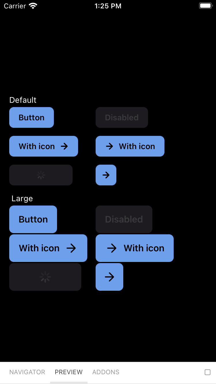 bpk-component-button featured iPhone 8 simulator - dark mode