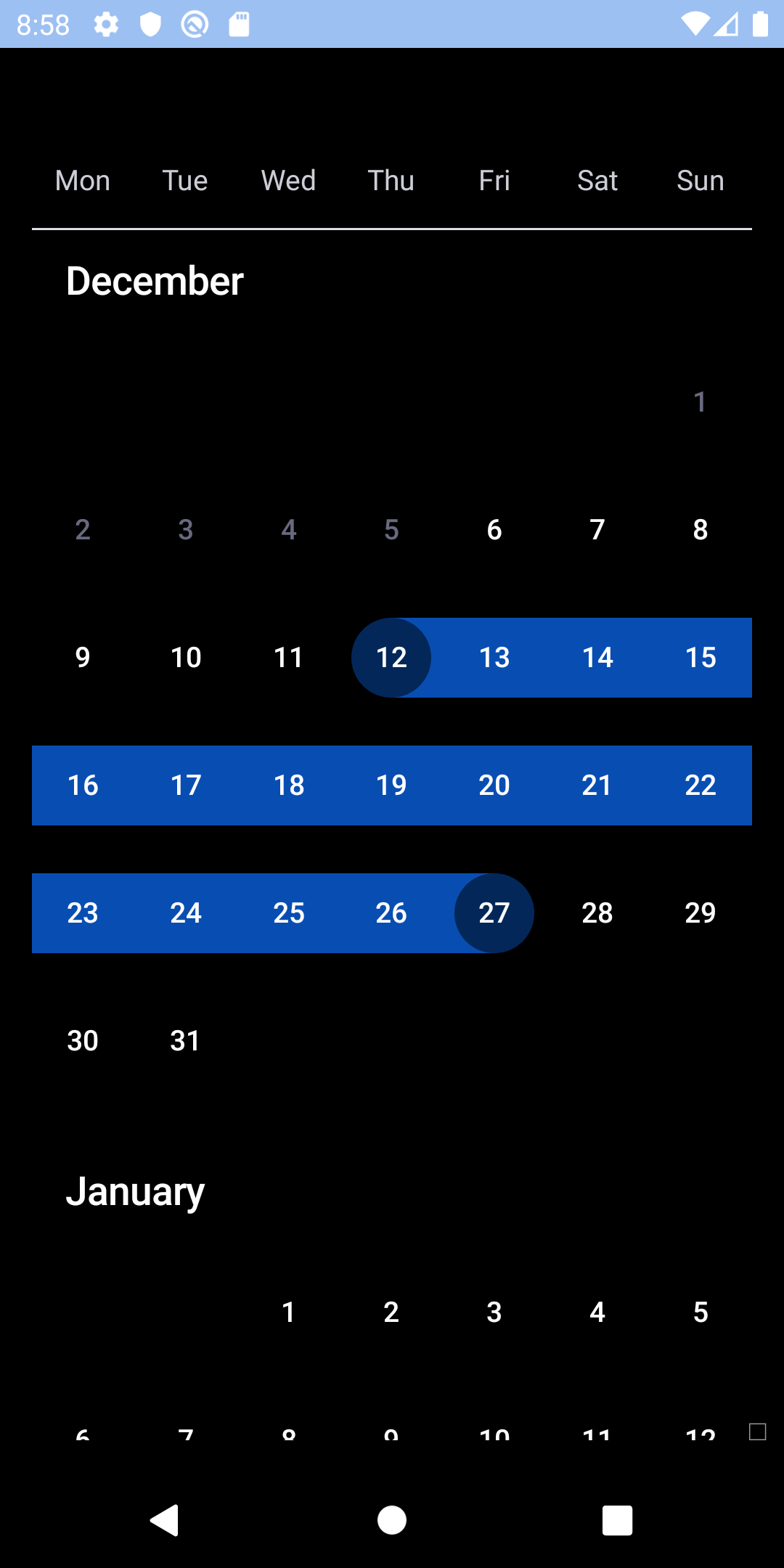 bpk-component-calendar range Google Pixel emulator - dark mode