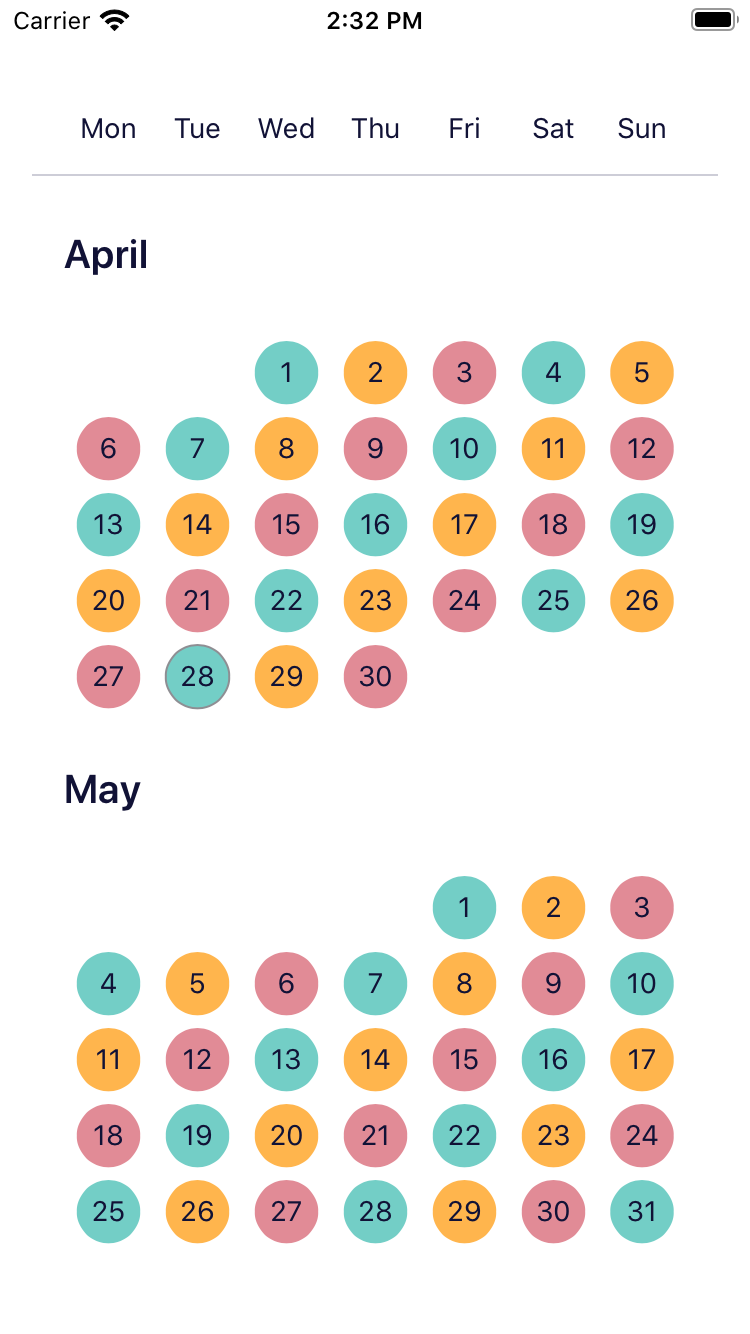 bpk-component-calendar colored iPhone 8 simulator