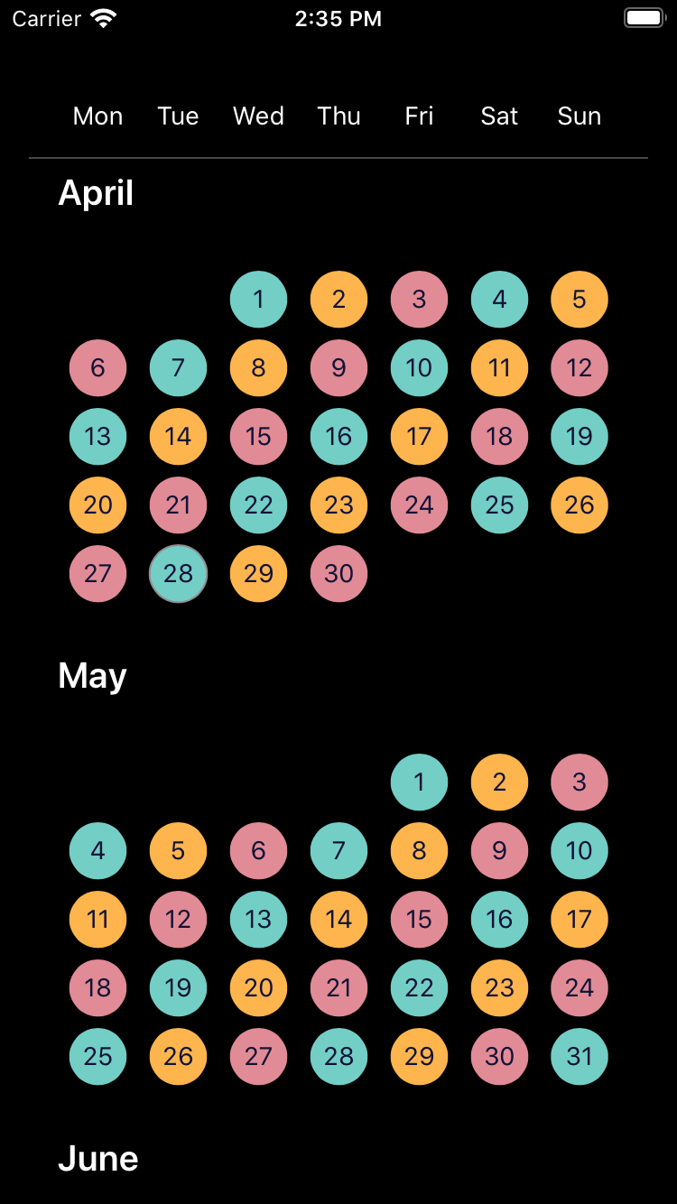 bpk-component-calendar colored iPhone 8 simulator - dark mode
