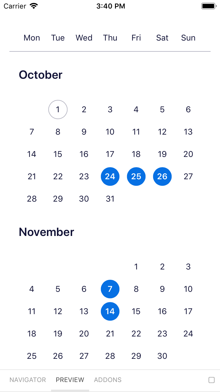 bpk-component-calendar multiple iPhone 8 simulator