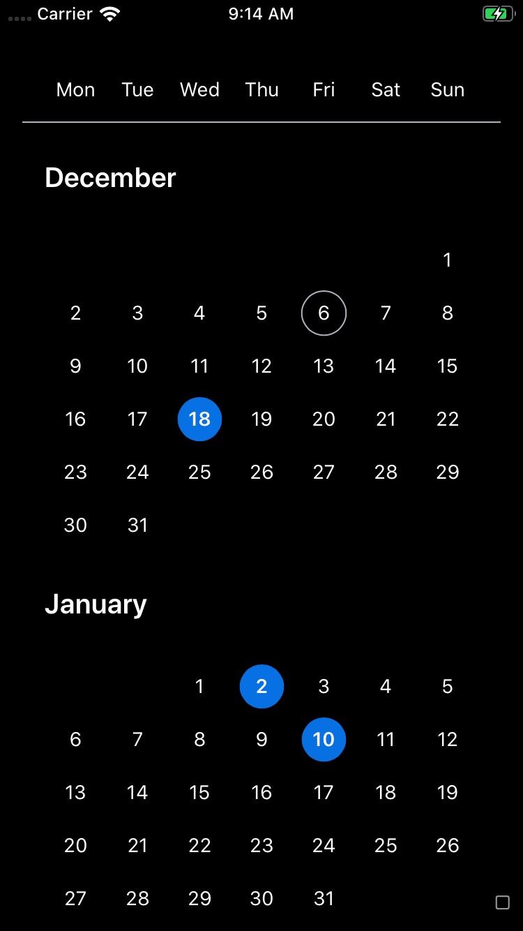 bpk-component-calendar multiple iPhone 8 simulator - dark mode