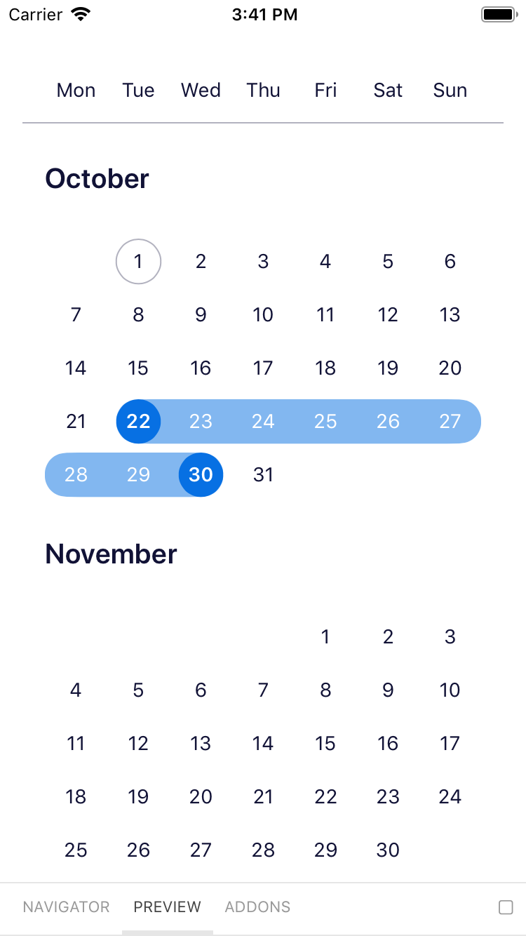 bpk-component-calendar range iPhone 8 simulator