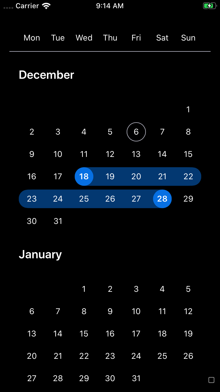 bpk-component-calendar range iPhone 8 simulator - dark mode