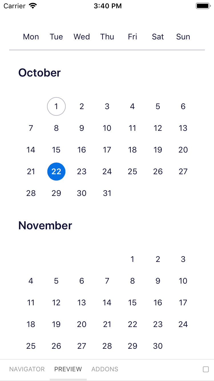 bpk-component-calendar single iPhone 8 simulator