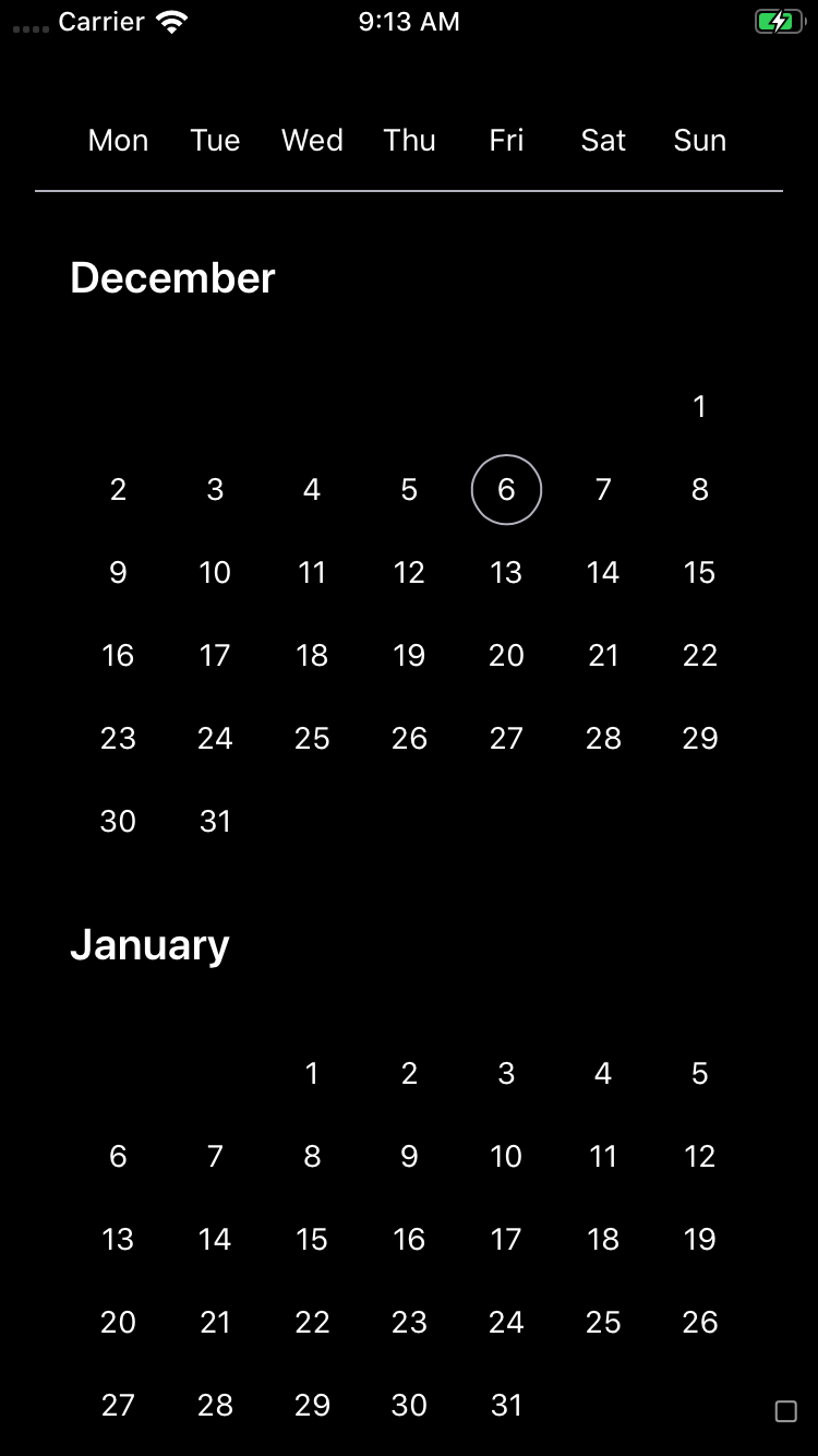bpk-component-calendar single iPhone 8 simulator - dark mode