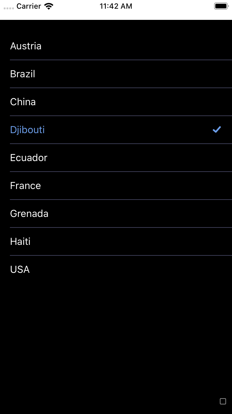 bpk-component-flat-list default iPhone 8 simulator - dark mode