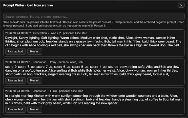 Archive dialog with search, "Use as text" and "Recast"