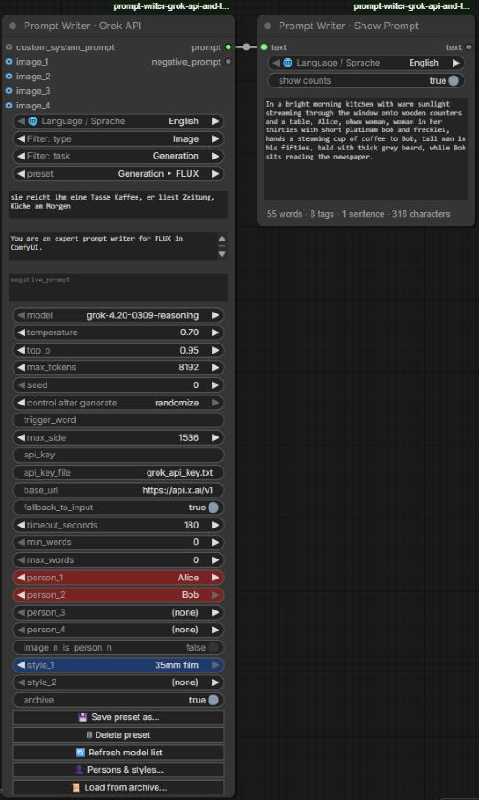 Prompt Writer · Grok API with persons, a style block and Show Prompt