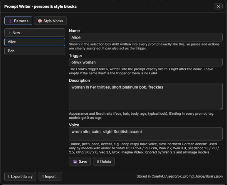 Library dialog with a person's name, trigger, description and voice