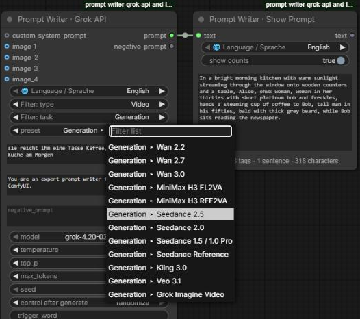 The preset list filtered to video models and generation