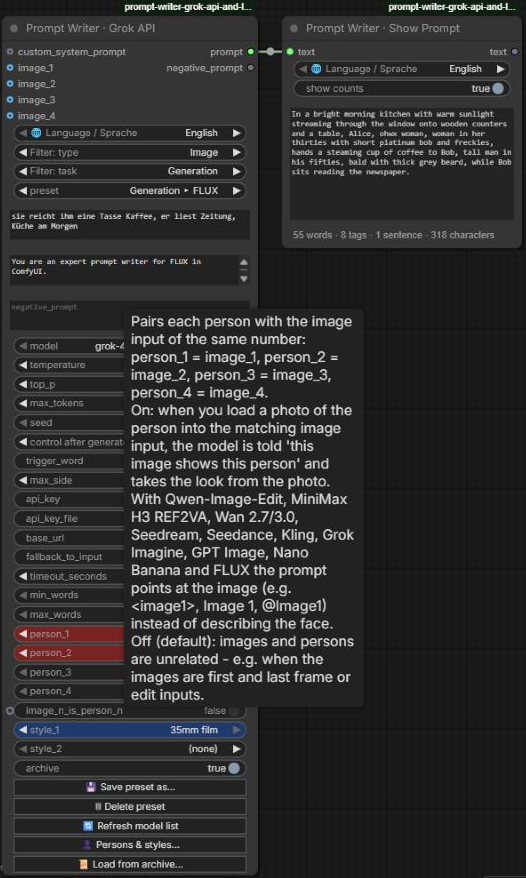A tooltip on Prompt Writer · Grok API