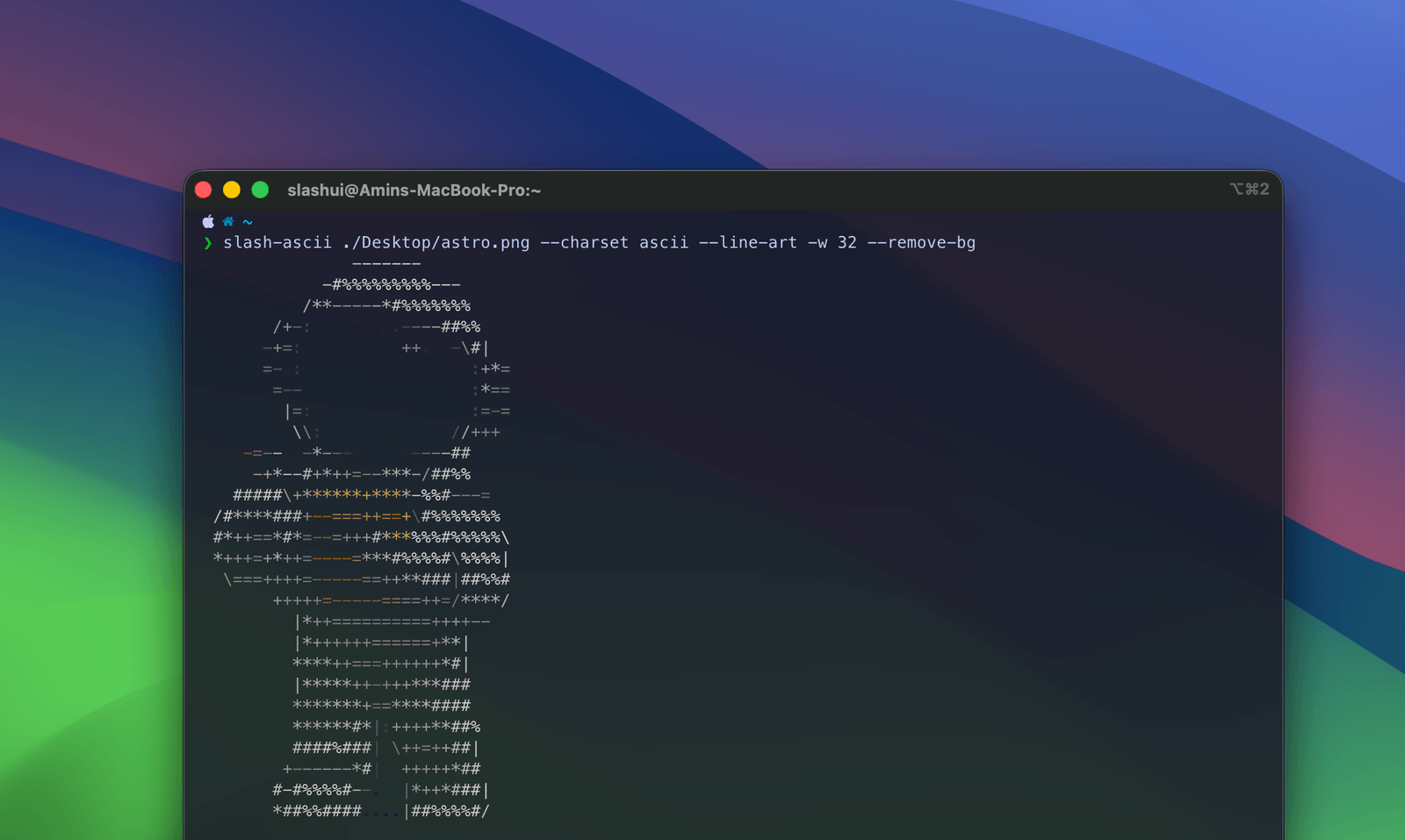 A 3D-rendered astronaut drawn with ASCII characters in a terminal