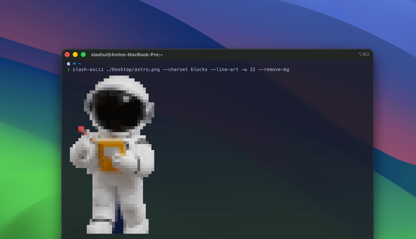 The same astronaut drawn with coloured half-block characters