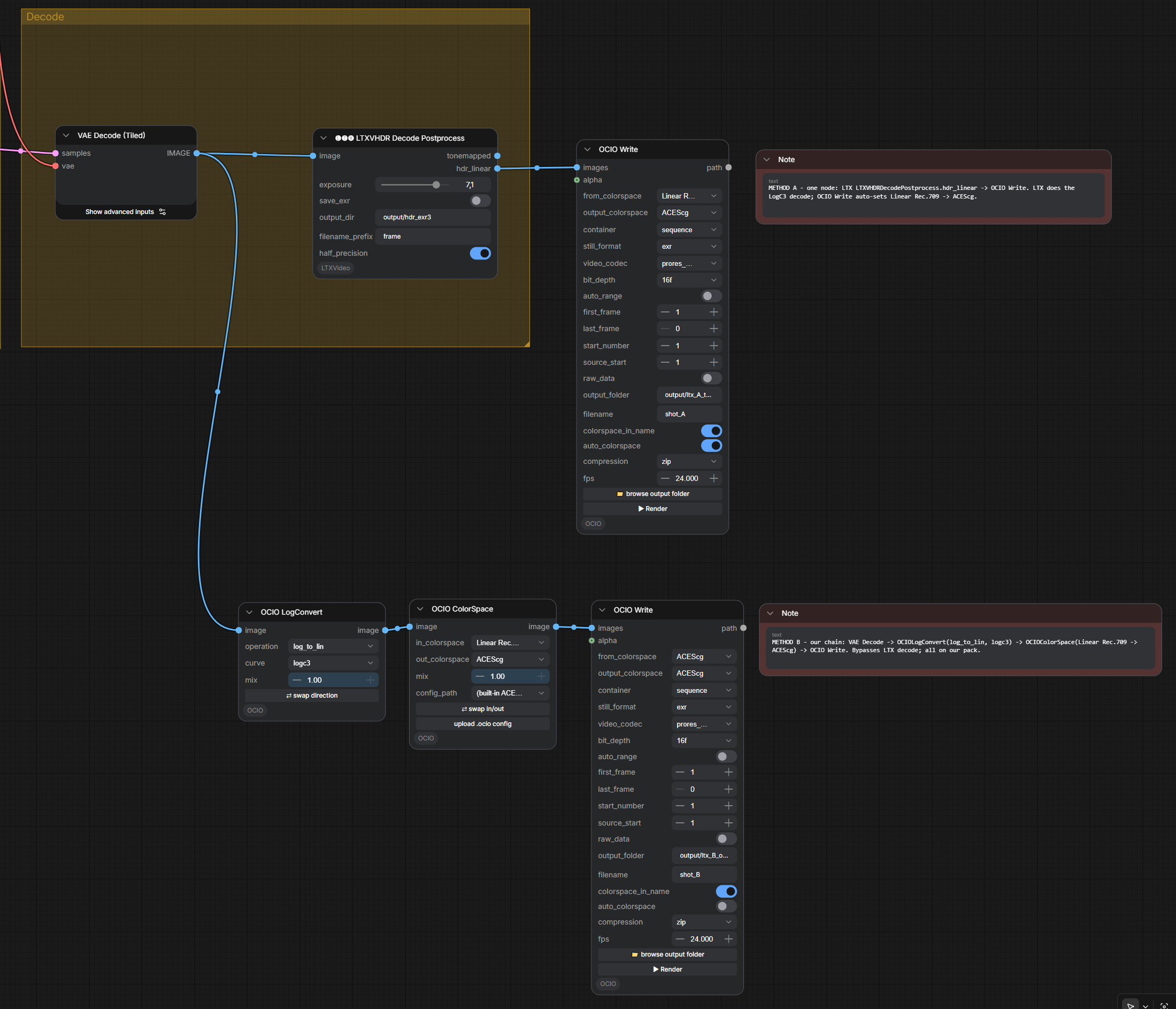 LTX-2.3 HDR to ACEScg EXR - both wiring methods on one graph
