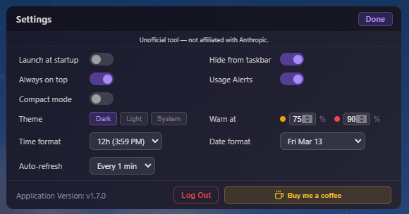 Claude Usage Widget - Settings