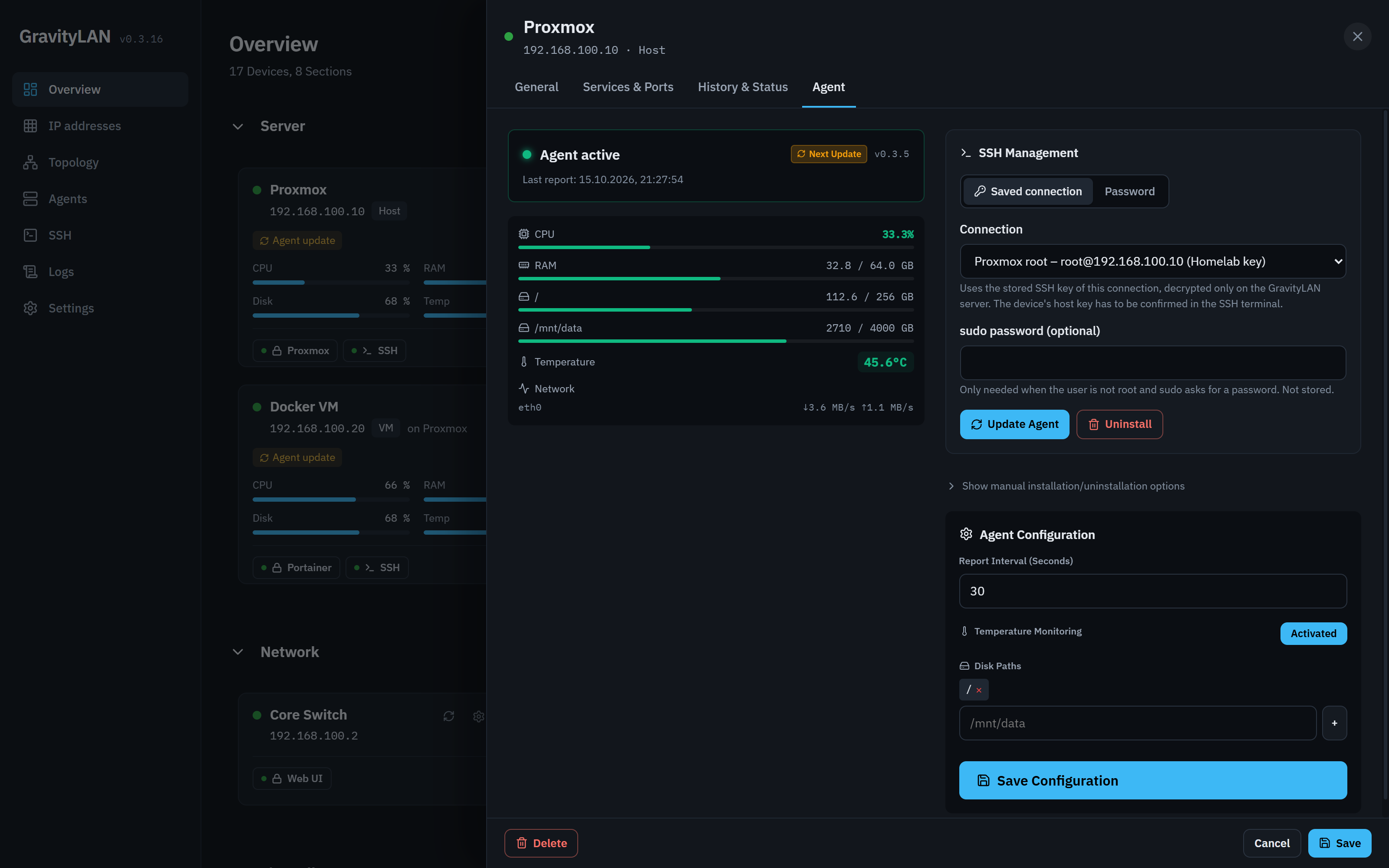 Agent tab of the device editor, updating the agent through a saved SSH key connection