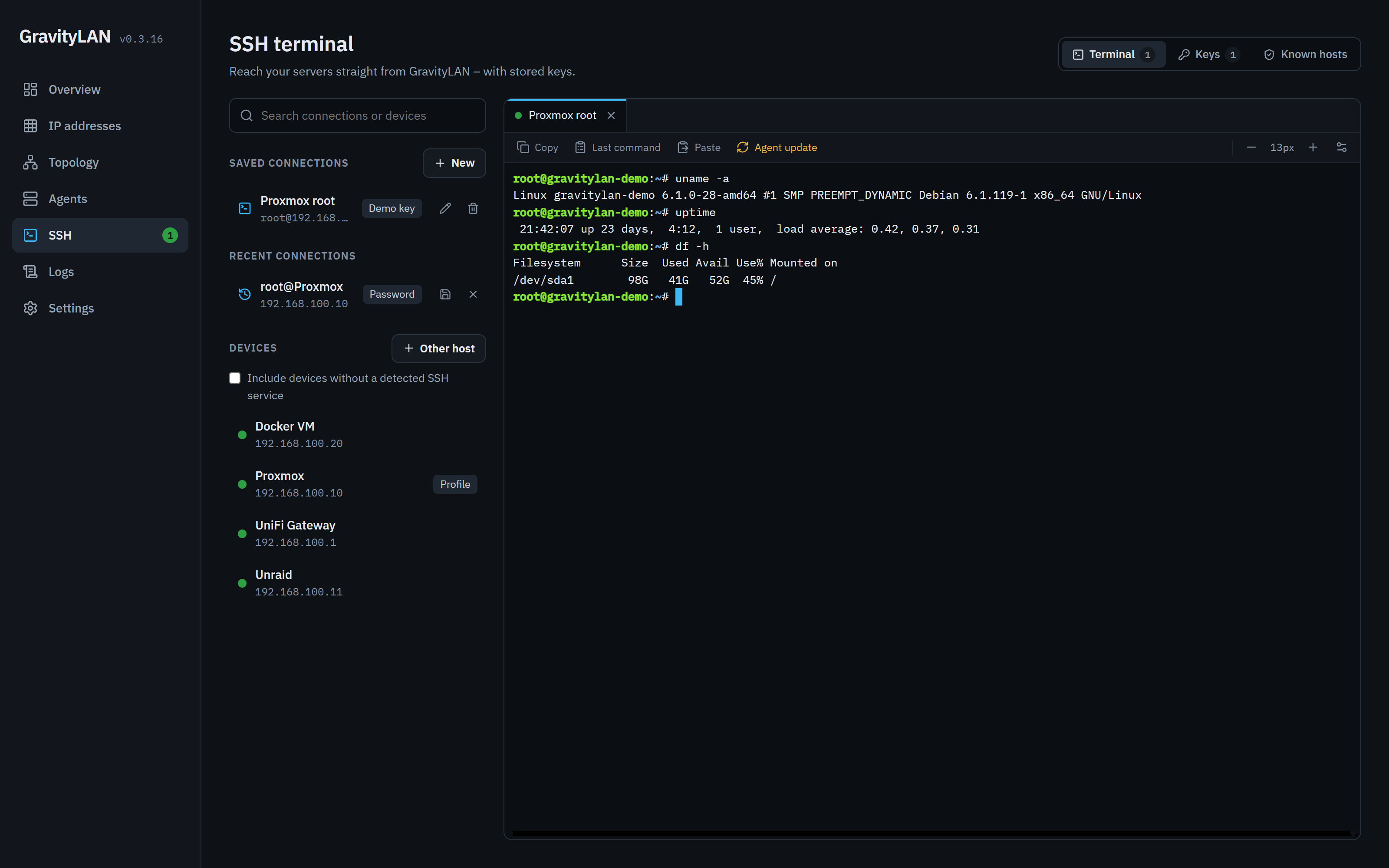 SSH terminal with saved connections, recent connections and an open shell