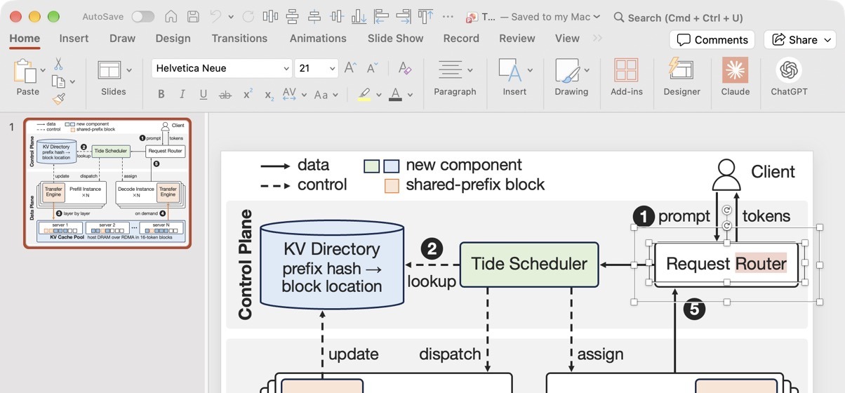 Editing the text of a label in PowerPoint, with the Helvetica Neue font shown in the ribbon