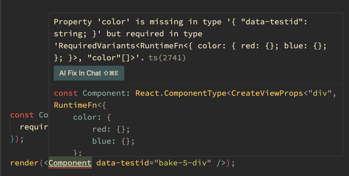 Typescript intellisense showing the missing required prop 'color'