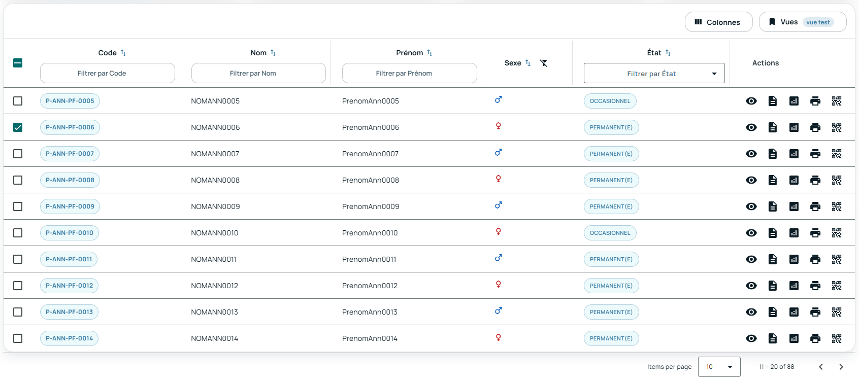 Vue d'ensemble : sélection de lignes, filtres inline, colonne d'actions