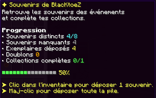 Récapitulatif du Dex : souvenirs distincts, manquants, exemplaires déposés, doublons et collections complètes