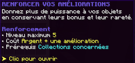 Bouton de renforcement : niveau maximum, coût et prérequis