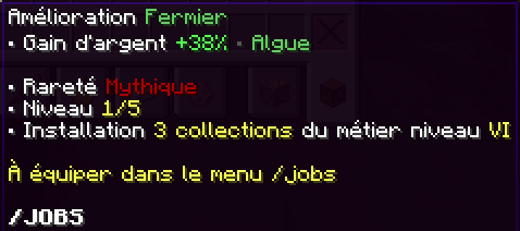 Amélioration Fermier identifiée avec un bonus d'argent sur les algues et ses conditions d'installation
