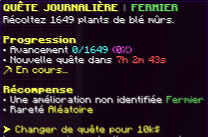 Quête journalière Fermier avec objectif, progression, temps restant et récompense