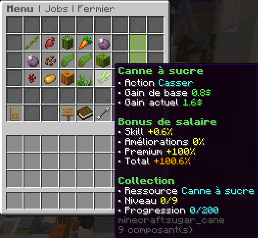 Exemple d'action Fermier : gain de la canne à sucre, détail des bonus et progression de collection