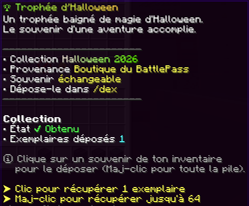 Fiche d'un souvenir avec son état, ses exemplaires déposés et les indications pour le récupérer