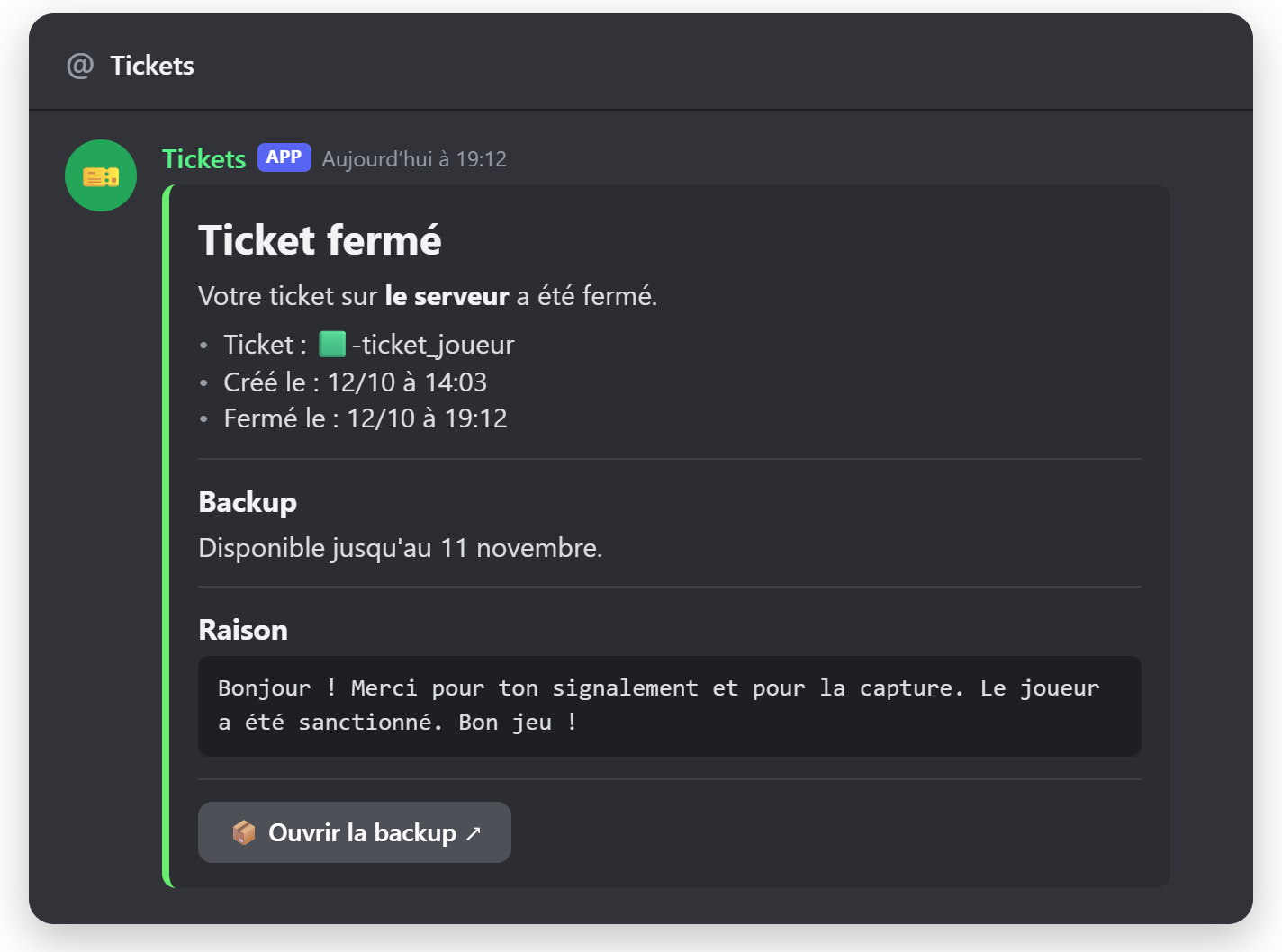 Message privé reçu à la fermeture du ticket