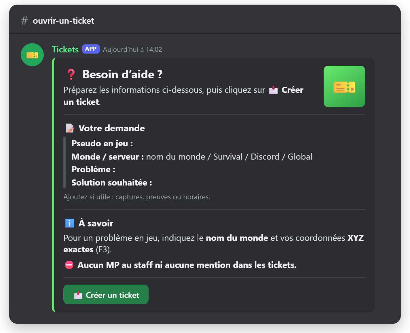 Message permettant de créer un ticket