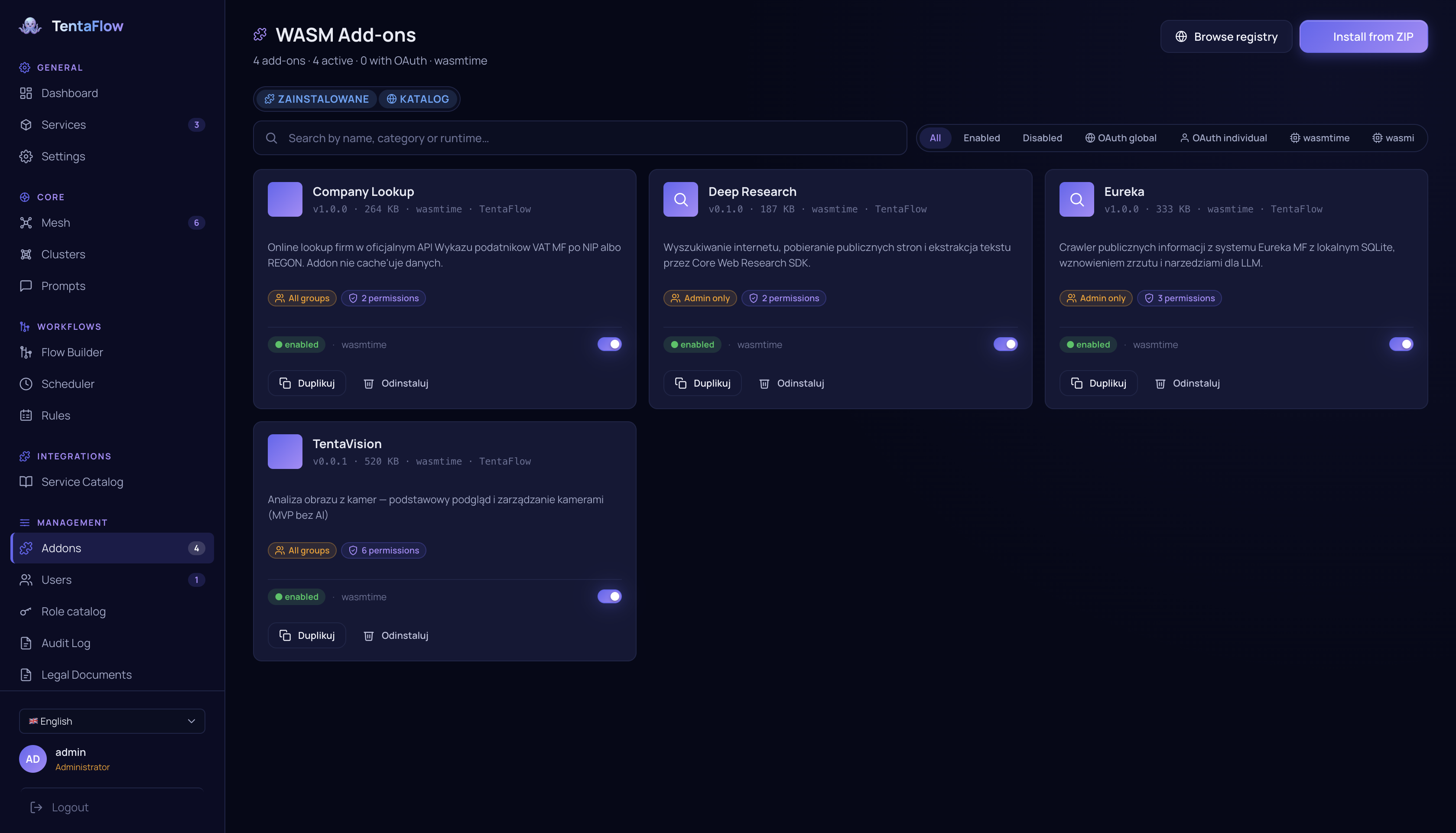 Add-ons — sandboxed WASM plug-ins with per-addon permissions