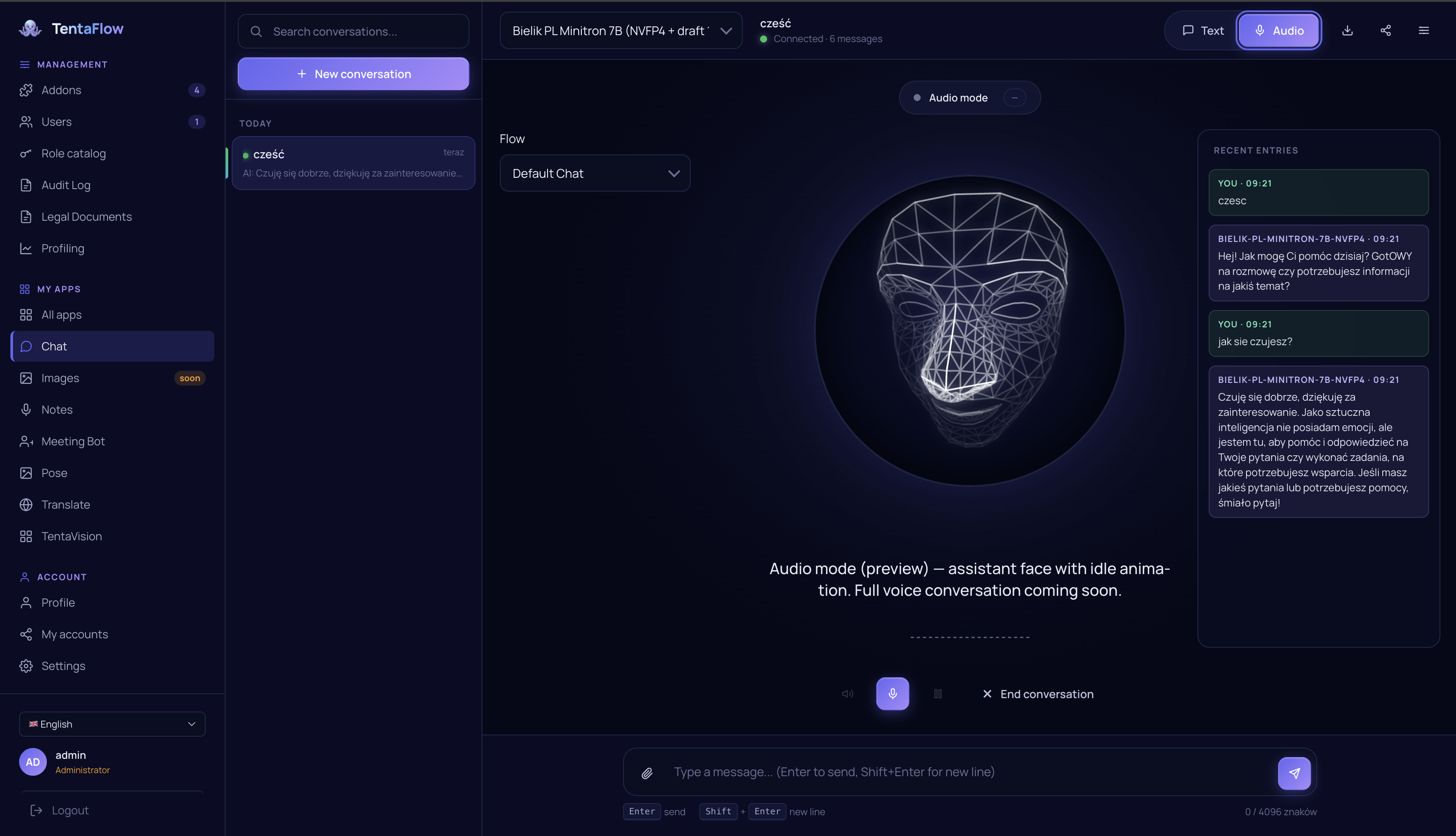 TentaFlow chat — voice conversation with a fallback-aware model alias