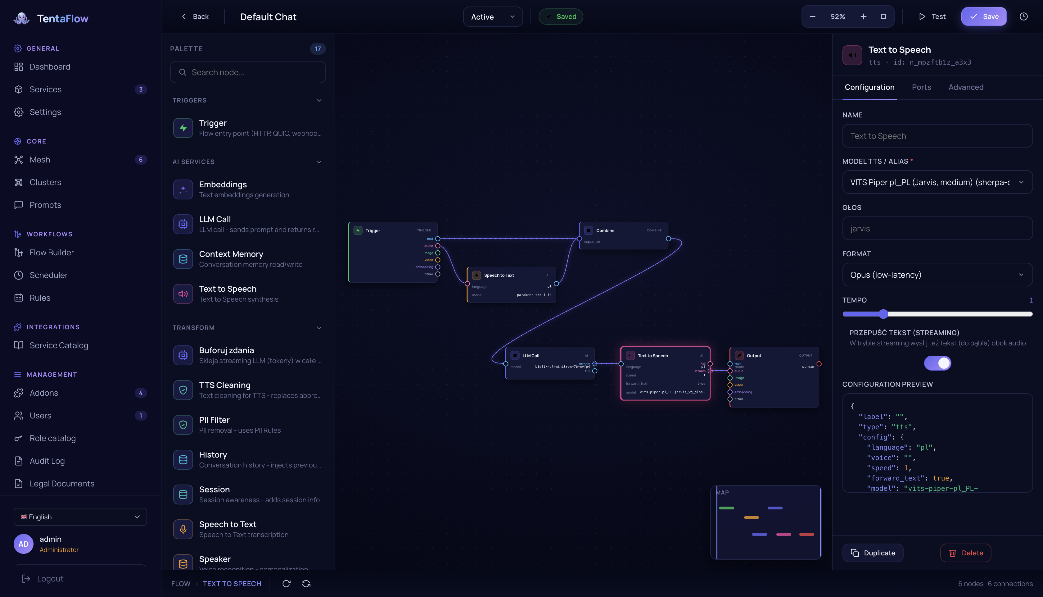 Flow Builder - a typed DAG chaining trigger, memory, LLM and TTS nodes