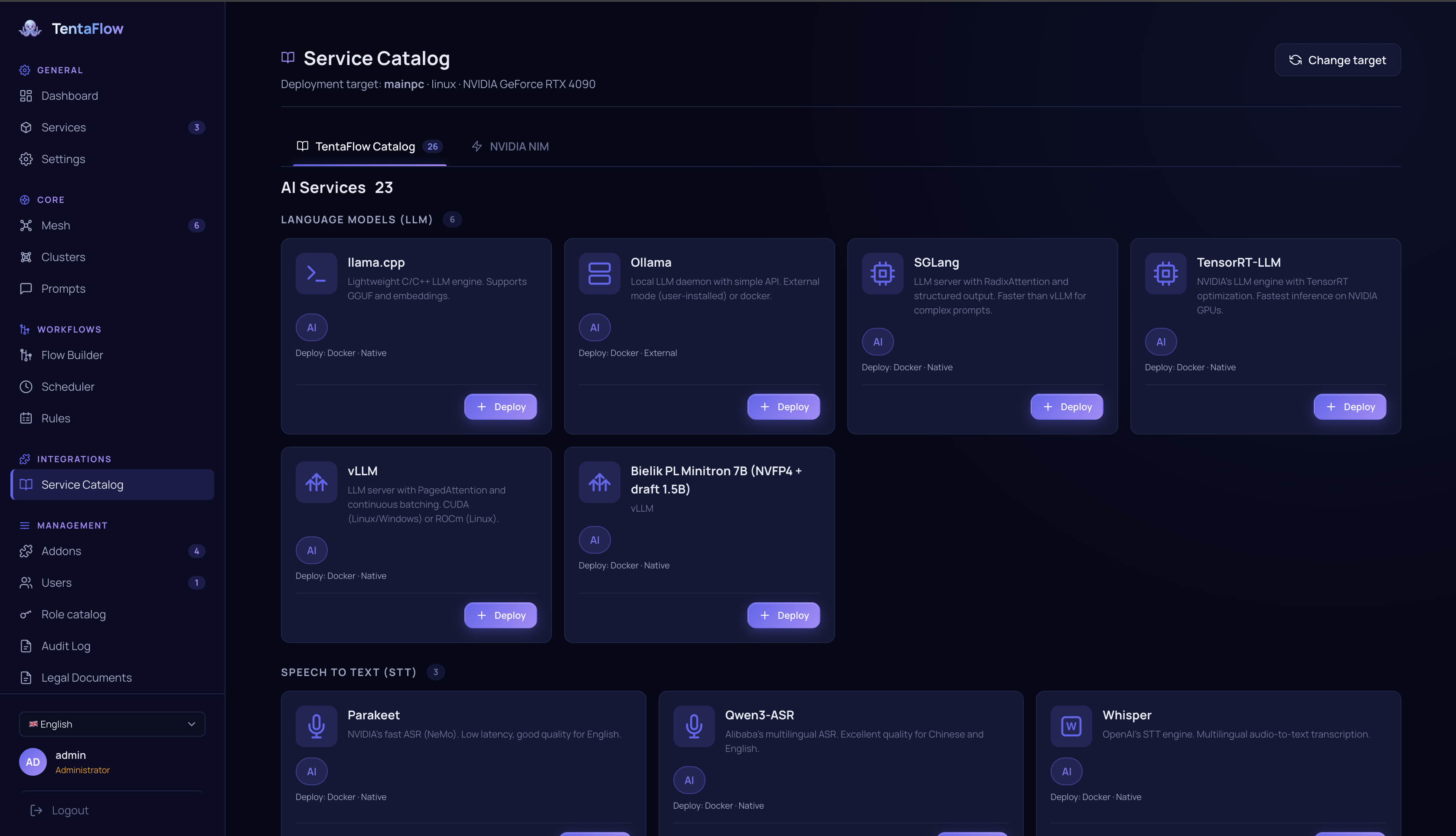 Service Catalog — deploy LLM, STT and TTS engines to any node, Docker or native