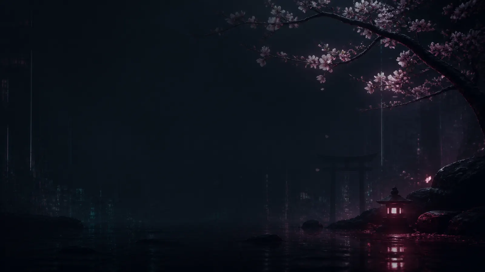 A neon night garden with pink blossoms