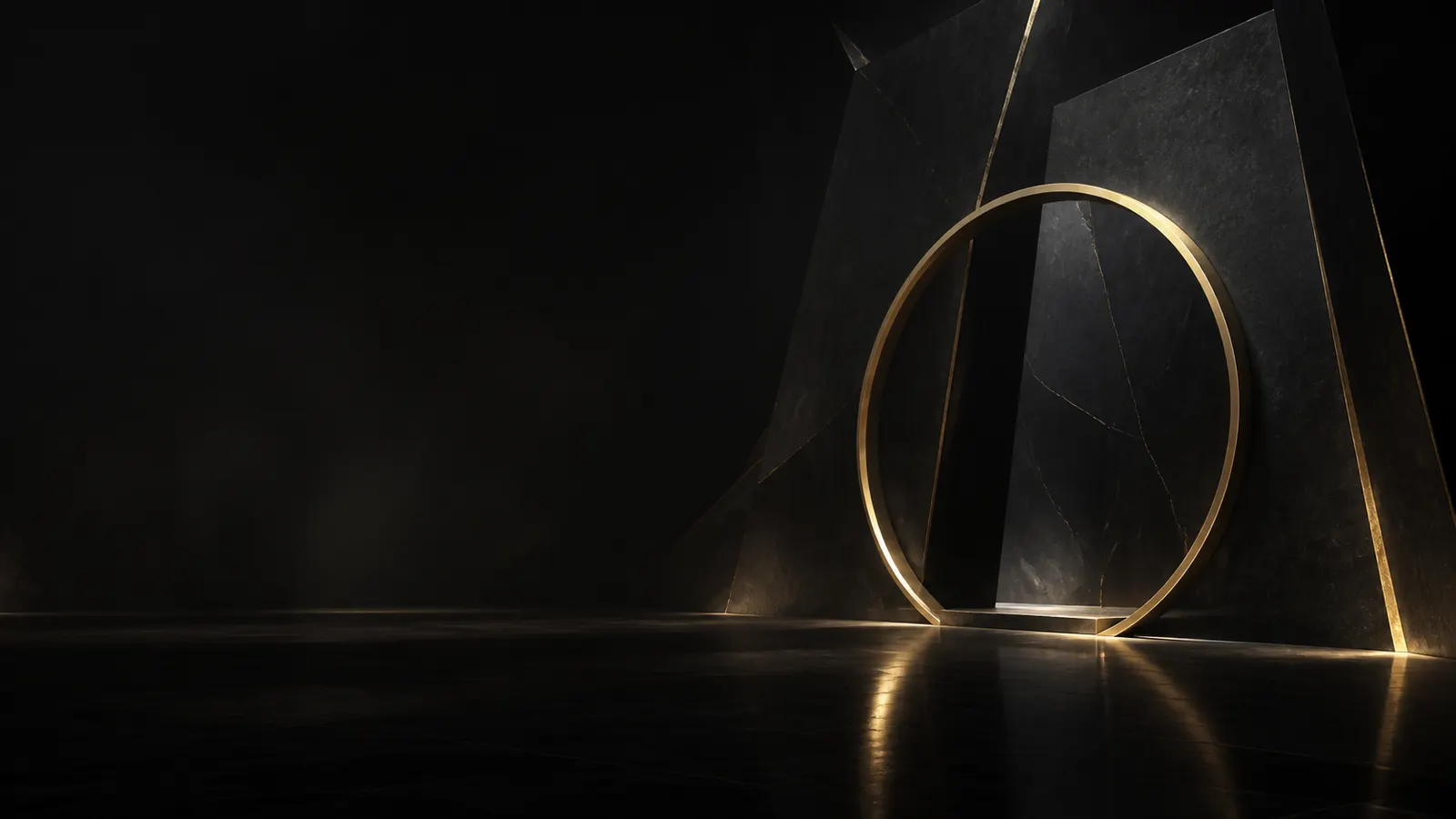 A black architectural space with a gold portal