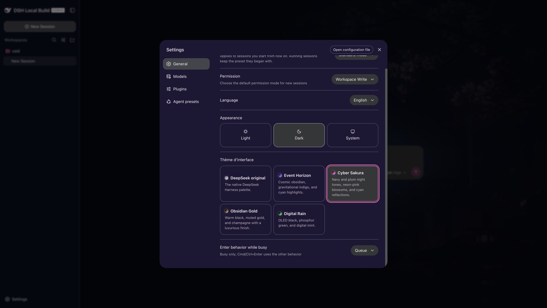 Cyber Sakura selected in DeepSeek Harness settings