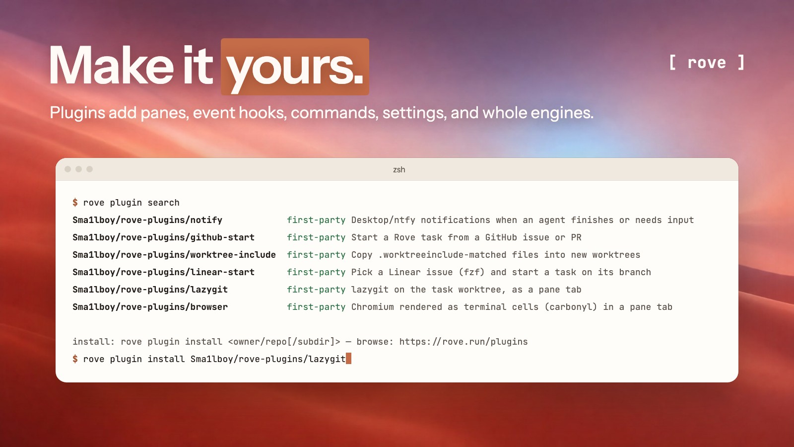 Make it yours: rove plugin search lists the first-party plugins notify, github-start, worktree-include, linear-start, lazygit, and browser.