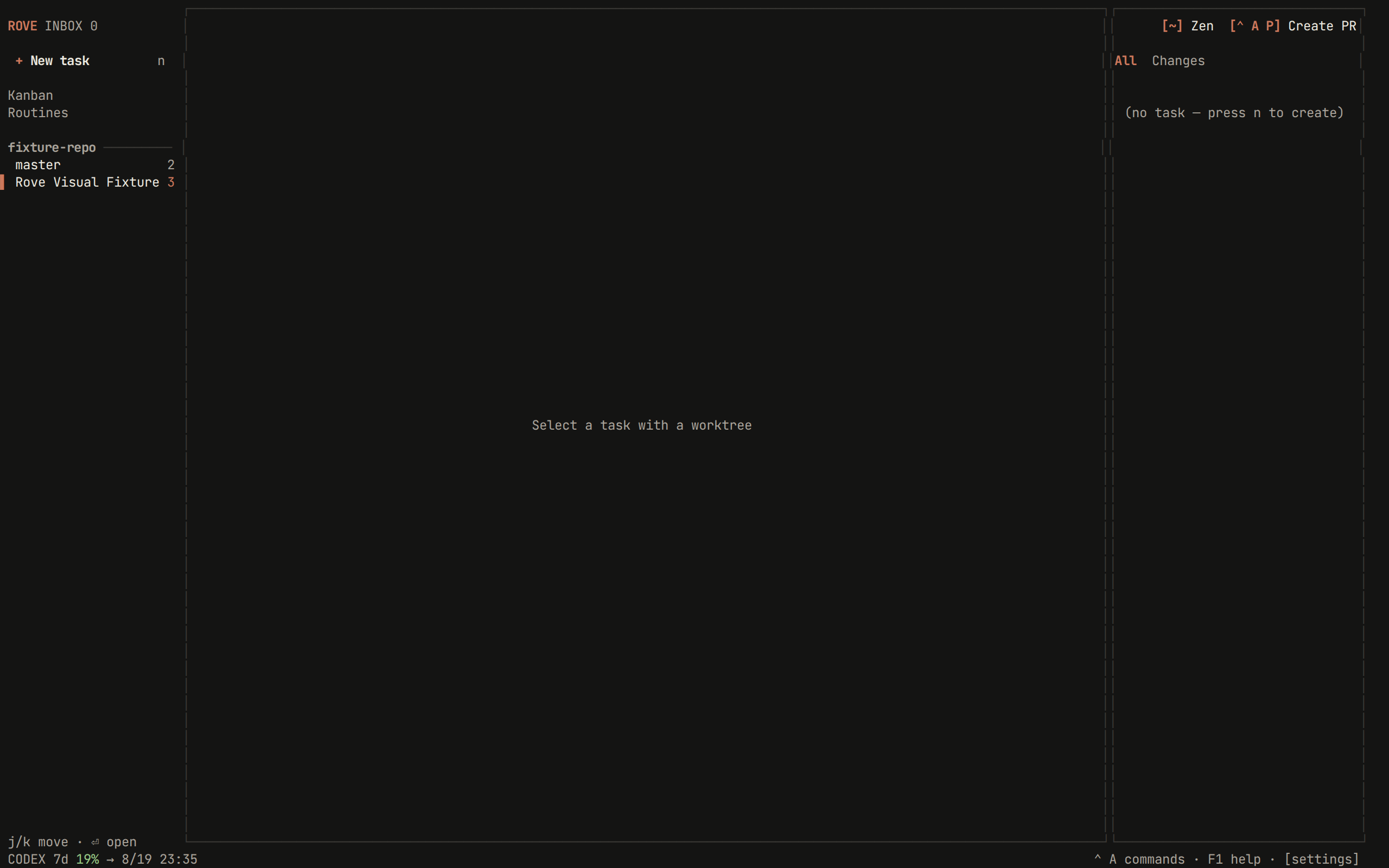 Rove workspace — task sidebar, embedded engine session, file tree and terminal