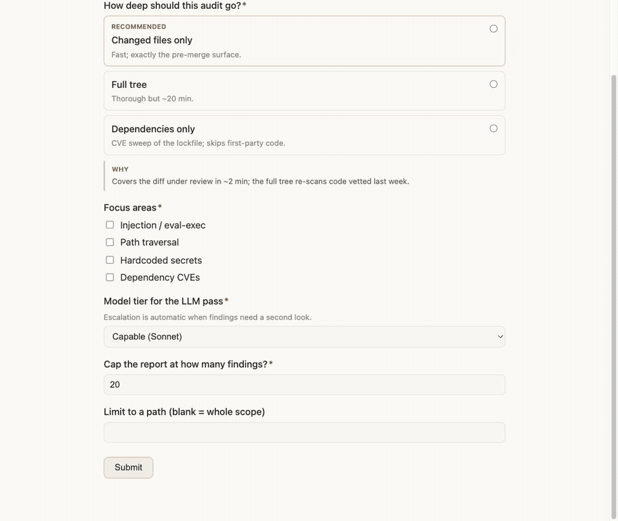 An attune-forms decision form being filled: an empty submit is
caught by validation, then a recommended decision card, multi-select
checkboxes, a dropdown, a number field, and a path are set and
submitted