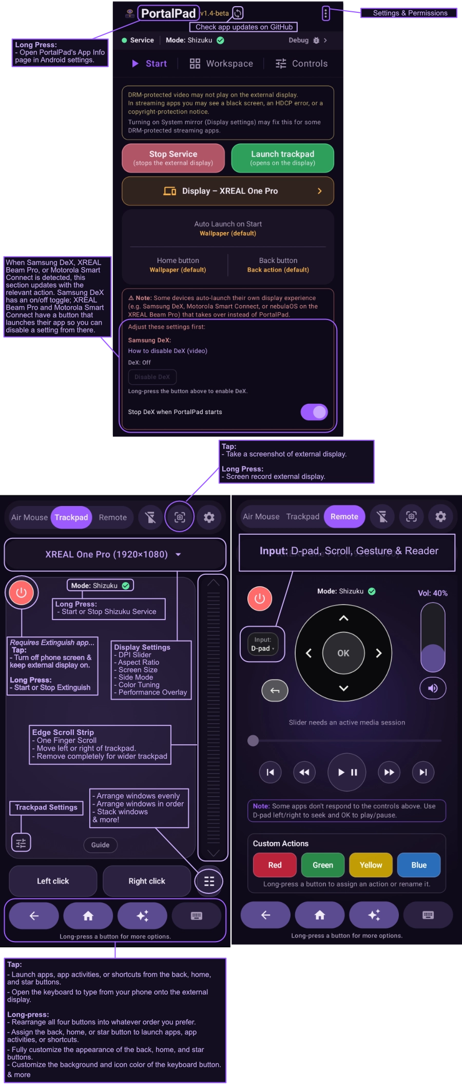 PortalPad's phone interface: Start / Workspace / Controls, plus the Trackpad and Remote modes