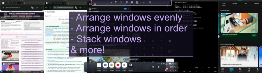 Desktop windows tiled on an ultrawide external display: arrange evenly, arrange in order, stack, and more
