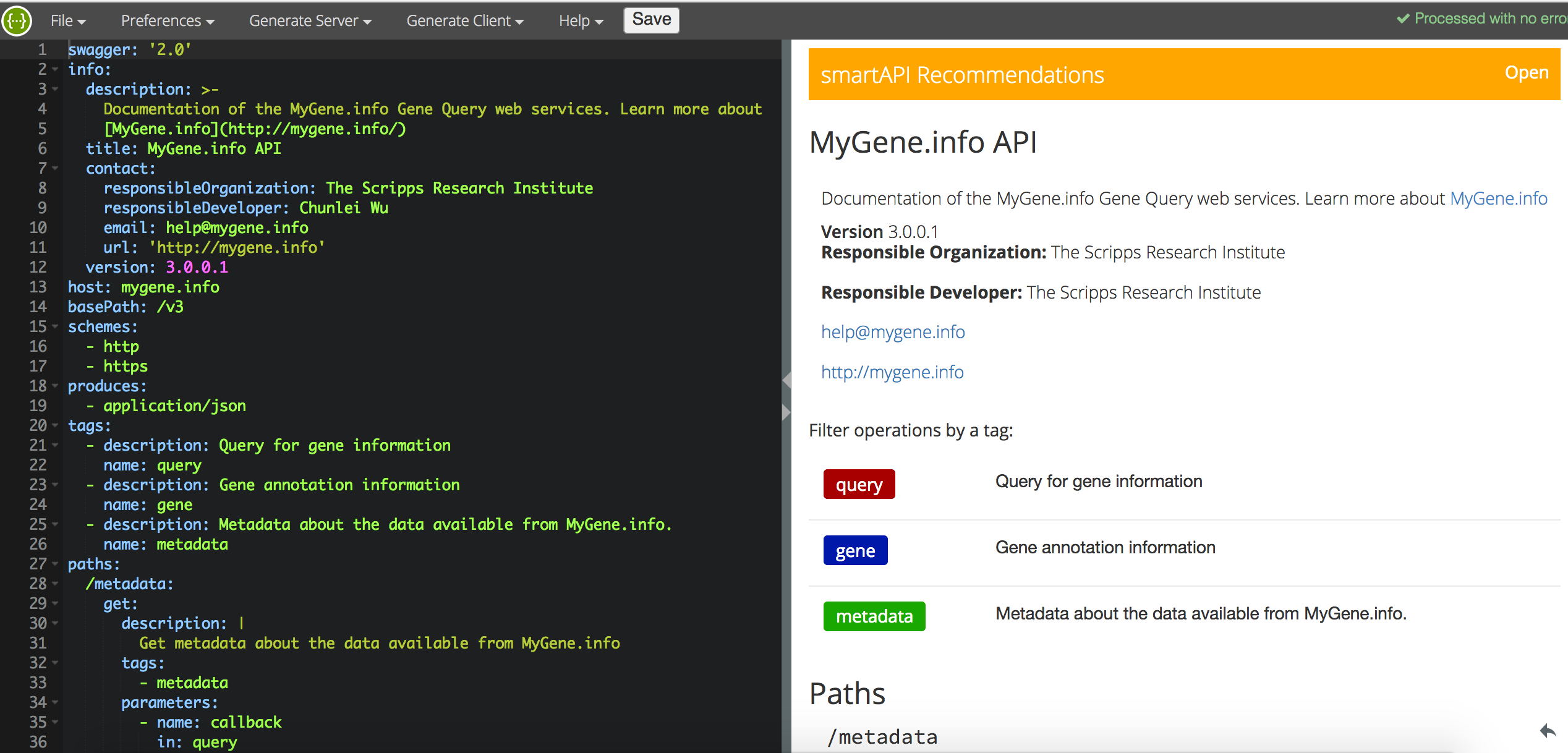 Screenshot of the smartAPI Editor