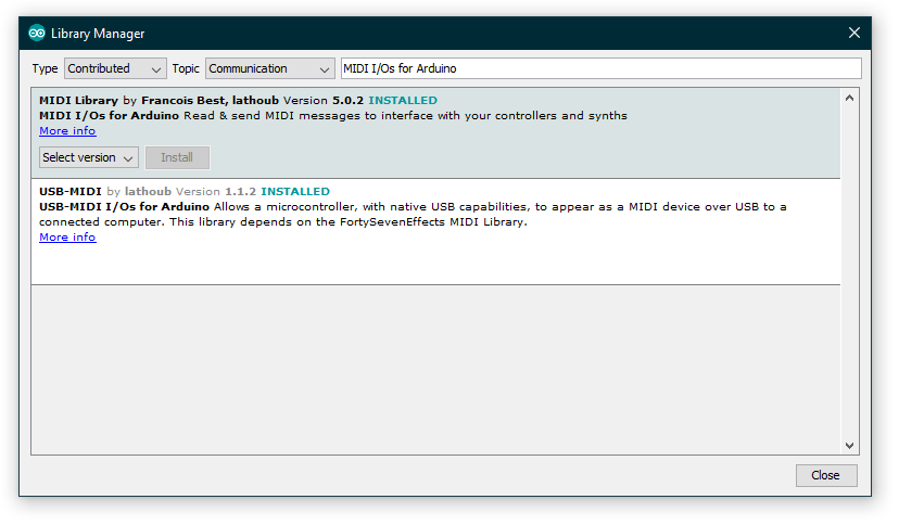 Type "MIDI I/Os for Arduino" in the Arduino IDE Library Manager