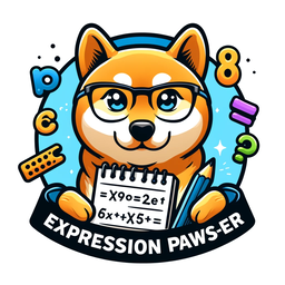 Project logo: the face of a cartoon Shiba Inu wearing glasses, looking directly at the viewer, with a background of cartoon basic mathematical symbols. The dog is holding a pencil and a notepad with more symbols written on it. At the bottom is the slogan "EXPRESSION PAWS-ER".