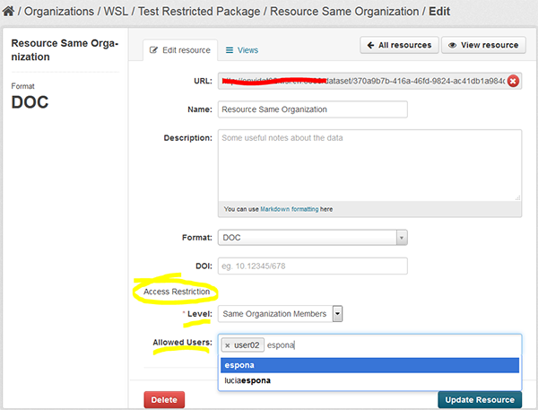 Resource metadata including restriction configuration