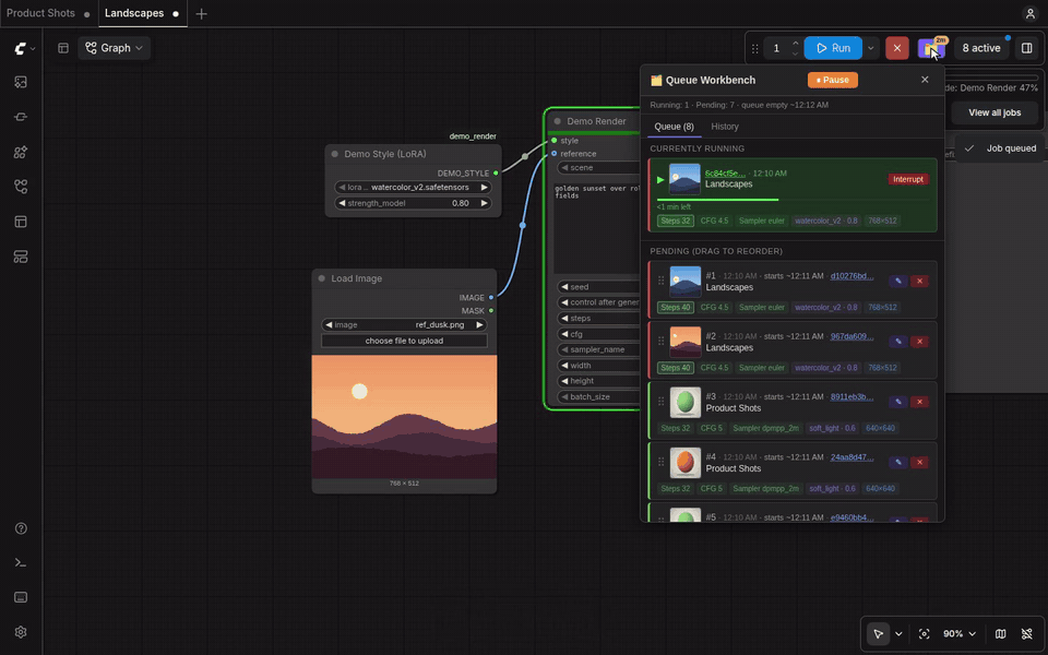 Queue panel: running job with progress, queued runs with thumbnails, setting chips and start times